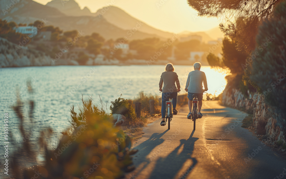 Fototapeta premium Back view of a senior couple bicycling along a seaside path during a scenic sunset