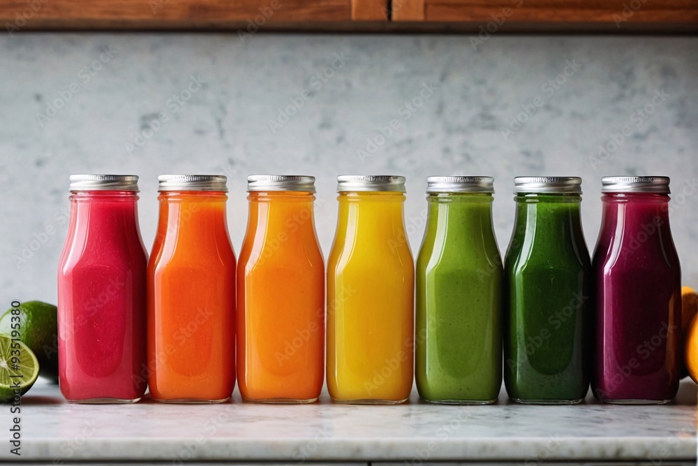 Colorful glass bottles filled with fresh juice on marble surface. Colorful glass bottles filled with fresh juice on marble surface.