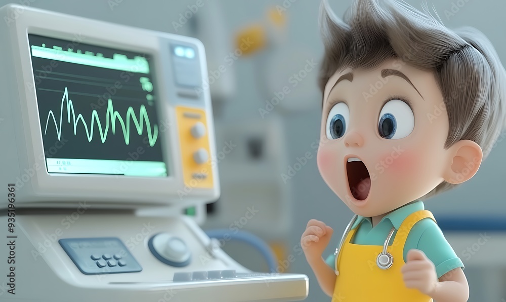 Cartoon Boy Doctor Excited About Heartbeat on Monitor Cartoon Boy Doctor Excited About Heartbeat on Monitor