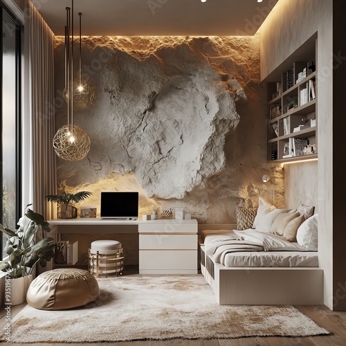 Contemporary kids room, cozy and stylish, soft natural tones, white desk and chunky bed, natural stone wall with LED, beautiful pendant lights, soft large rug, floor lamps, elegant photo