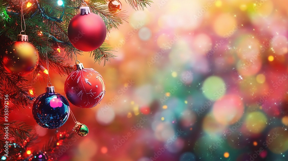 Christmas Sparkle: Festive Christmas tree ornaments with twinkling lights and a soft snowfall backdrop. Christmas Sparkle: Festive Christmas tree ornaments with twinkling lights and a soft snowfall backdrop.