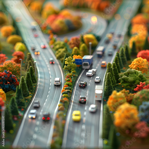 Miniature parking lot. Coin parking. real estate. sightseeing. shopping. trip. holiday. House.Generate a photo realistic image of a maquette showcasing a transportation network with highways, railway
