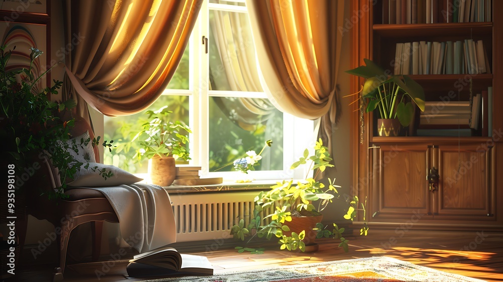 Gentle the sun flowing in through open drapes to create a cozy corner to read Gentle the sun flowing in through open drapes to create a cozy corner to read