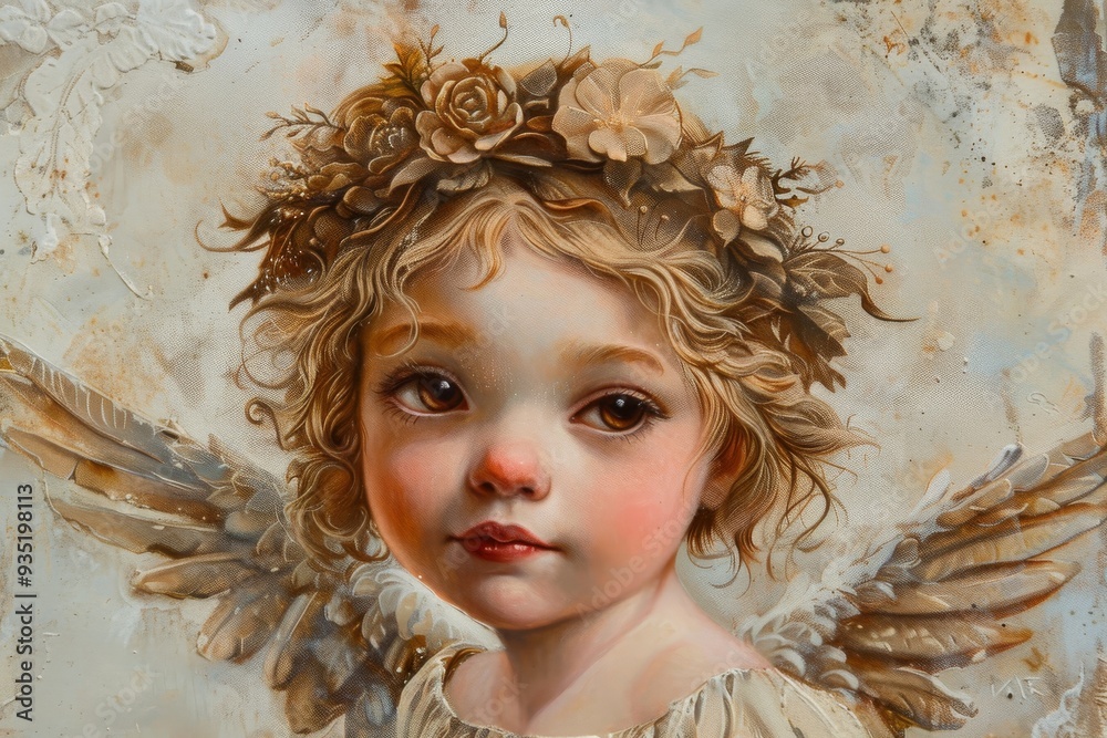 A serene statue of a sleeping angel adorned with a delicate flower resting on its head, exuding tranquility and beauty, A tiny angel with rosy cheeks and a halo, AI generated