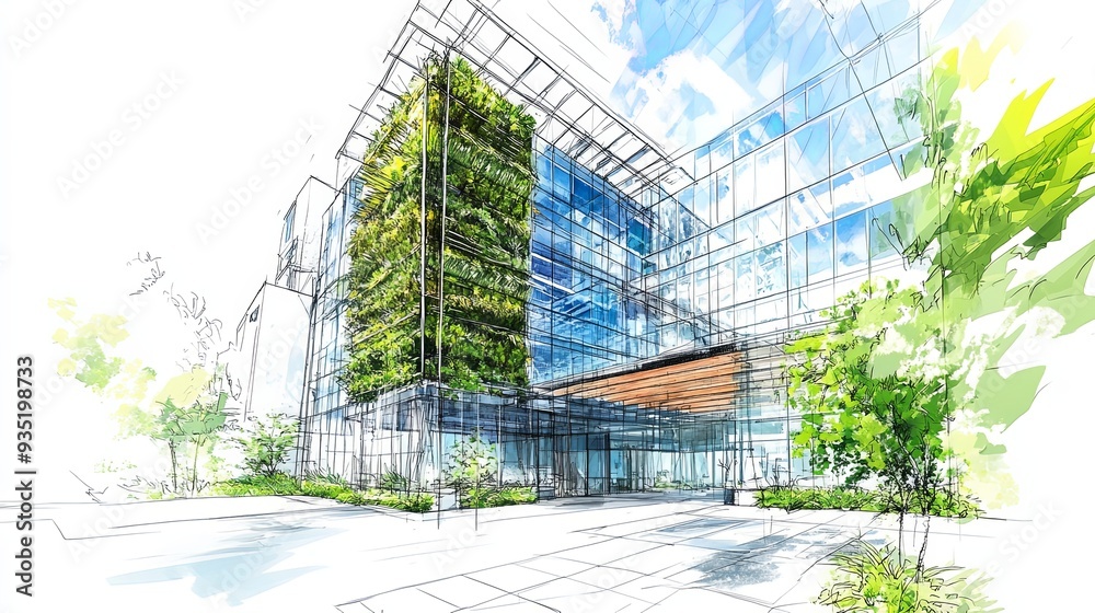Modern architectural design featuring glass building with greenery Modern architectural design featuring glass building with greenery
