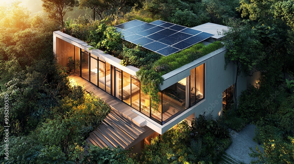 Modern eco friendly house surrounded by lush greenery, featuring solar panels on roof and large glass windows, exuding sense of tranquility and harmony with nature. Modern eco friendly house surrounded by lush greenery, featuring solar panels on roof and large glass windows, exuding sense of tranquility and harmony with nature.
