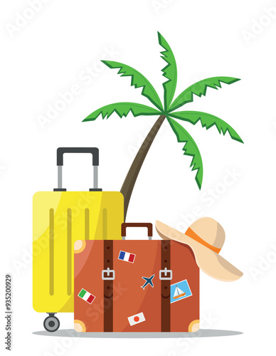 Set of travel suitcases for travel and vacation. Hat and palm tree. Tourism concept.
