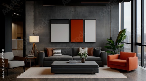 Industrial loft with eclectic textures and colors, showcasing a blend of raw materials and bold furniture, copy space for text,