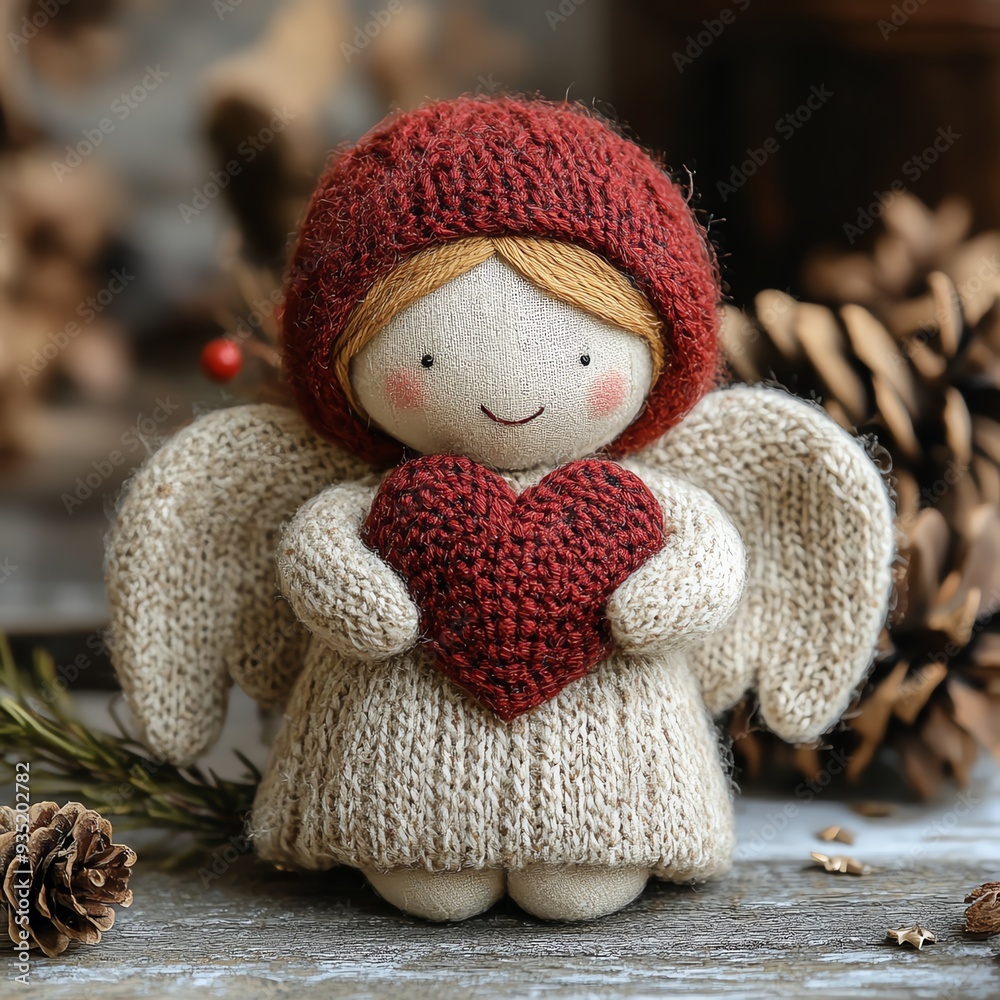 Hand-sewn angel figurine with heart, ideal for Christmas decorations, postcards, and interior design. Hand-sewn angel figurine with heart, ideal for Christmas decorations, postcards, and interior design.