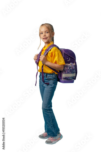 Cute girl with schoolbag smiling, over a blue background.  Back to school child. Full body. PNG file with transparency. 