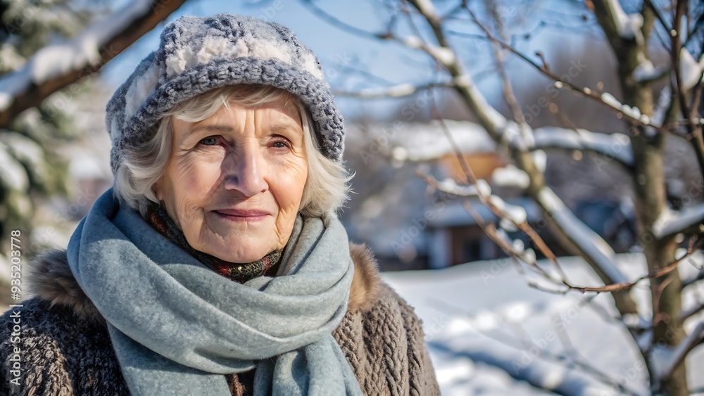 Elderly woman in winter with a warm smile. Elderly woman in winter with a warm smile.