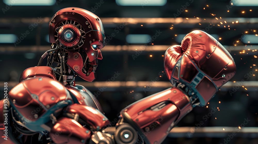 Robot Boxer Throwing Punch: A metallic robot in the ring, delivering a powerful punch towards its opponent.
Robot Boxer Throwing Punch: A metallic robot in the ring, delivering a powerful punch towards its opponent.