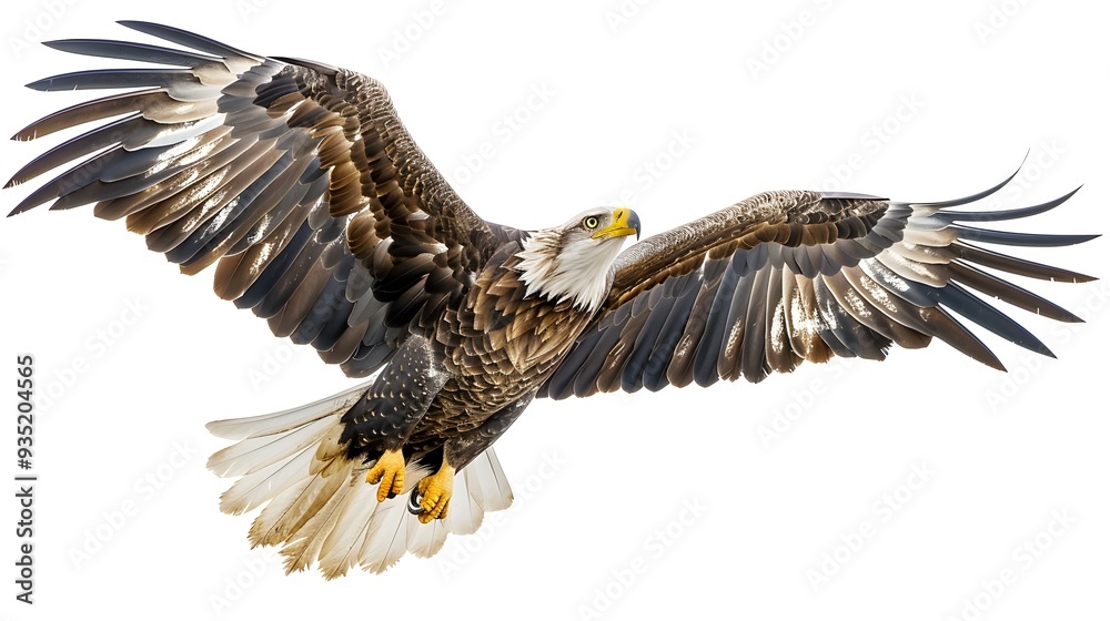 Obraz premium Majestic Eagle in Mid Flight Isolated on White Background with Detailed Feathers and Powerful Presence