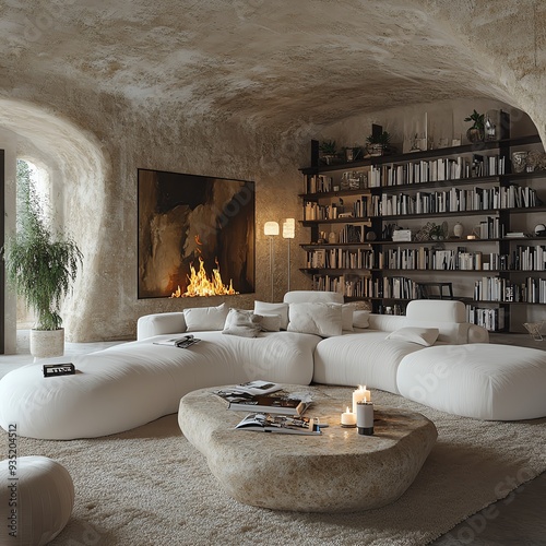 Modern and cozy living room, soft natural tones, white bulky curved furniture, natural stone table, chic light fixtures, huge library, large soft rug, floor lamps, fire pit, gorgeo photo