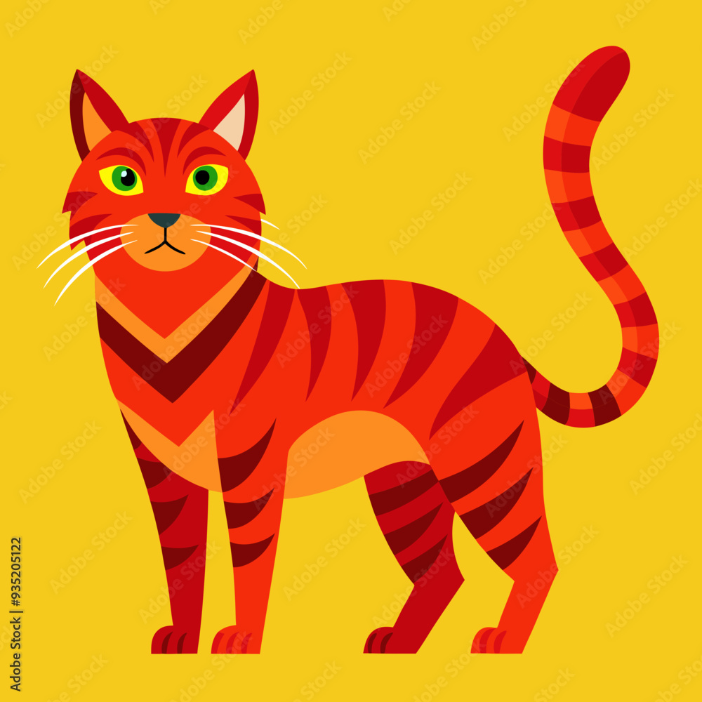 Minimalist vector illustration of a red cat with red stripes on a yellow backdrop Minimalist vector illustration of a red cat with red stripes on a yellow backdrop