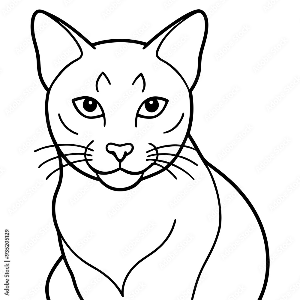 Illustration of a content black and white line art cat, looking forward Illustration of a content black and white line art cat, looking forward