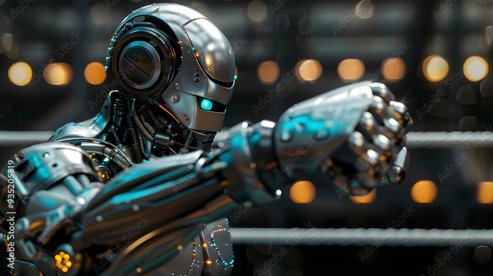 Fototapeta premium Robot Boxer Throwing Punch: A metallic robot in the ring, delivering a powerful punch towards its opponent. 