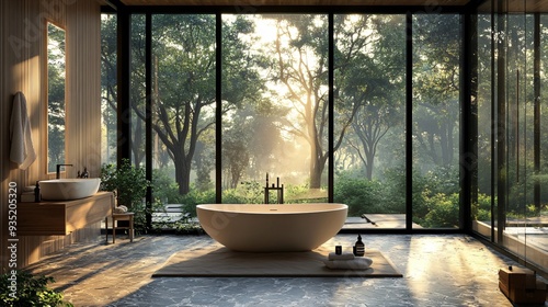 Free standing bathtub in a modern bathroom