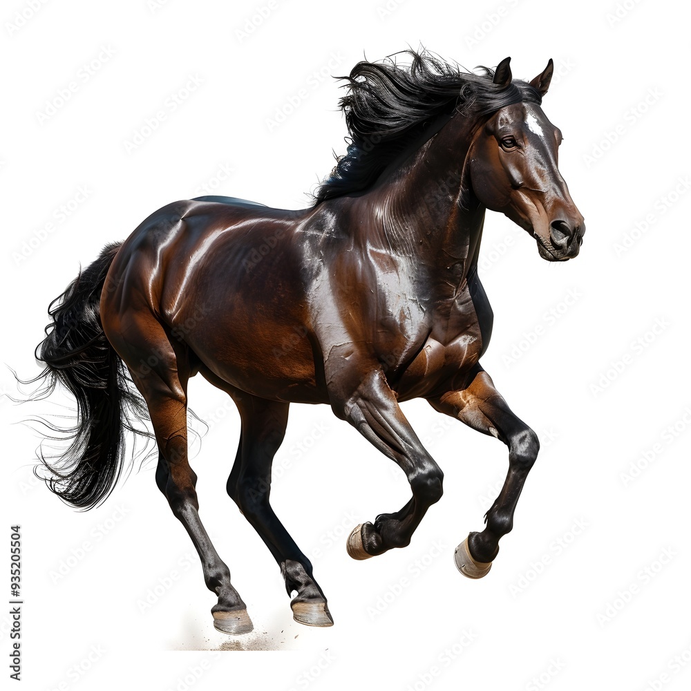 Naklejka premium Majestic Horse Galloping in Mid Air on White Background Powerful and Dynamic with Detailed Muscles and Flowing Mane