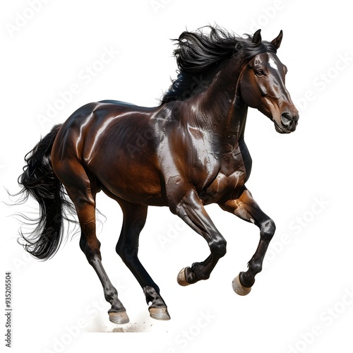 Majestic Horse Galloping in Mid Air on White Background Powerful and Dynamic with Detailed Muscles and Flowing Mane