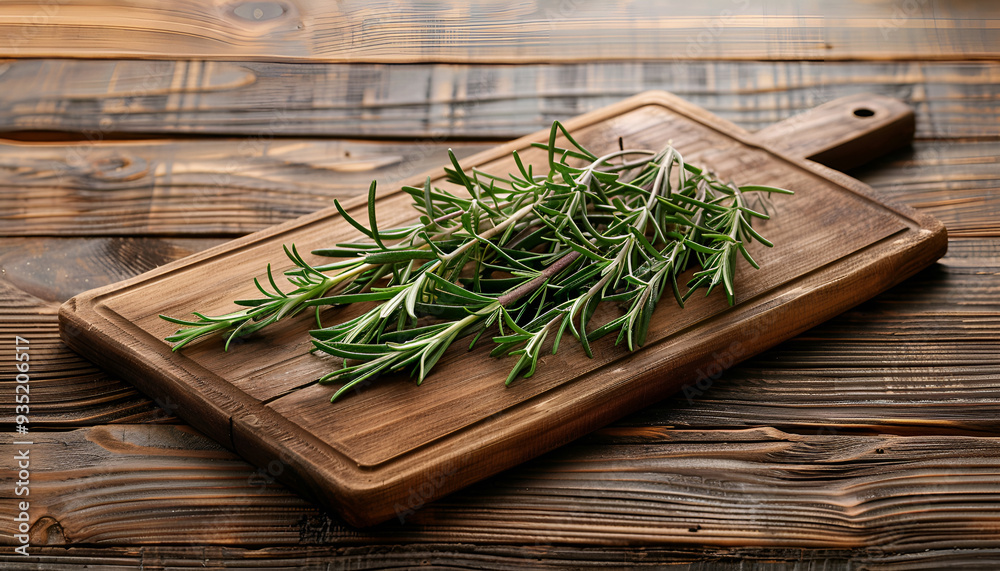Board with fresh rosemary twigs on wooden table Board with fresh rosemary twigs on wooden table