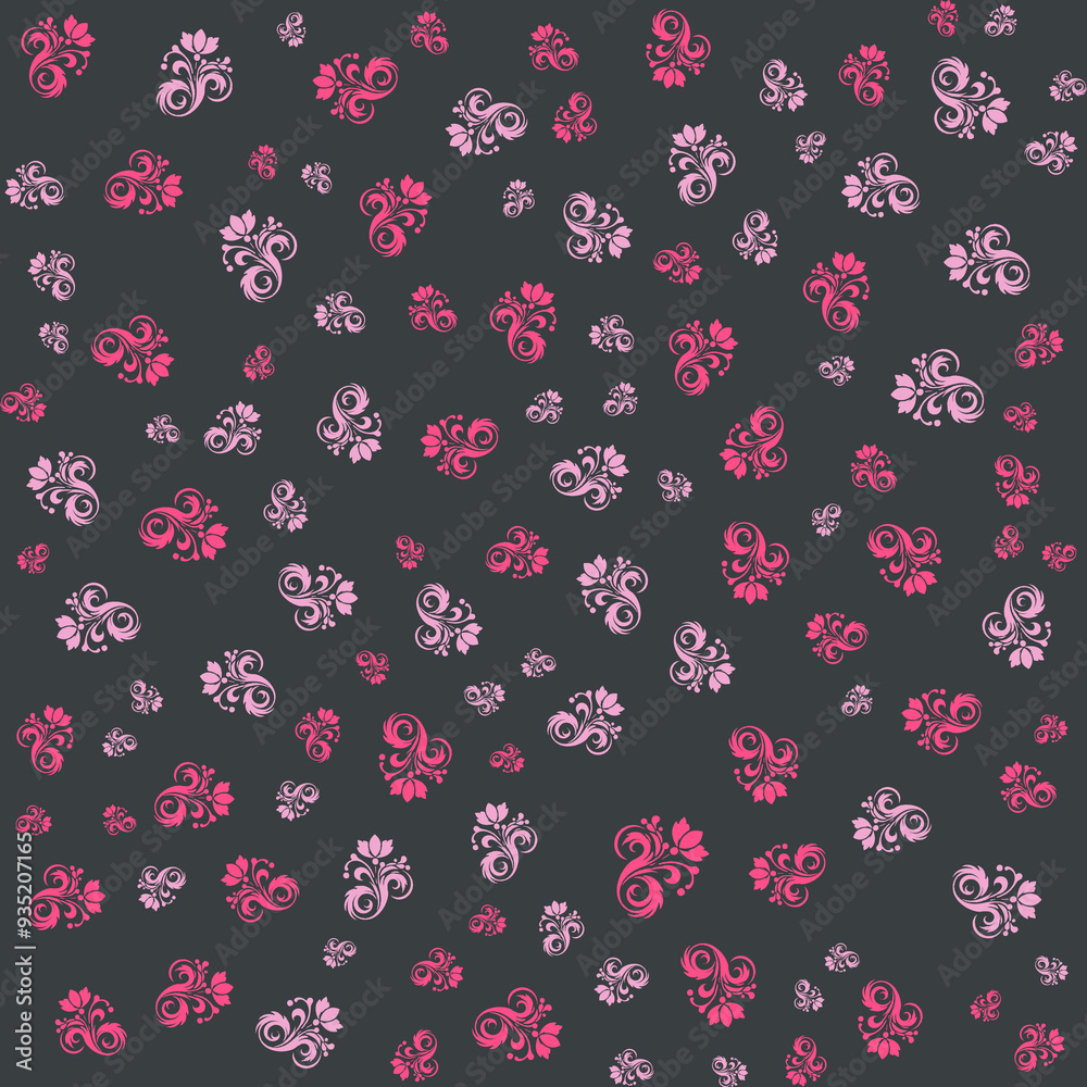 Seamless pattern of pink floral designs on a dark gray background. Seamless pattern of pink floral designs on a dark gray background.