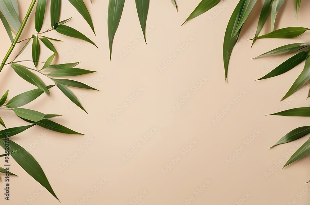 Bamboo leaves elegantly placed along the edges of a warm beige background, leaving the middle blank for a natural beauty product presentation. Made with generative AI technology Bamboo leaves elegantly placed along the edges of a warm beige background, leaving the middle blank for a natural beauty product presentation. Made with generative AI technology