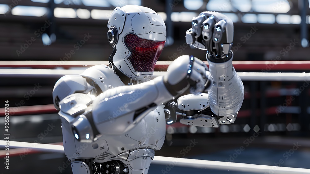 Robot Boxer Throwing Punch: A metallic robot in the ring, delivering a powerful punch towards its opponent.
Robot Boxer Throwing Punch: A metallic robot in the ring, delivering a powerful punch towards its opponent.