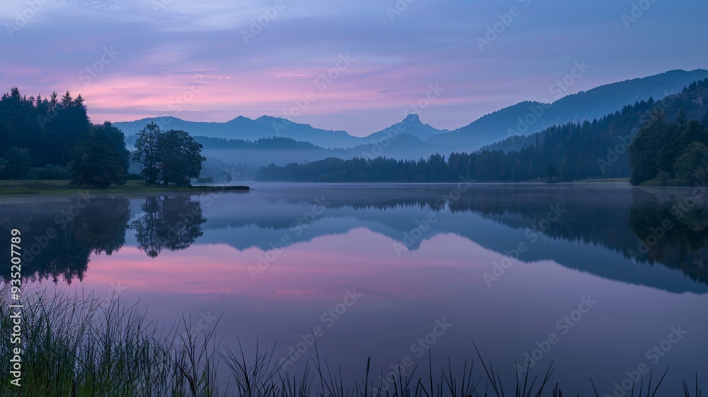 Obraz premium 4. Lake Geroldsee at sunrise, with the water reflecting the pastel colors of the early morning sky. The tranquil scene of Wagenbruechsee in Kruen, near Garmisch-Partenkirchen, Upper Bavaria, Germany,