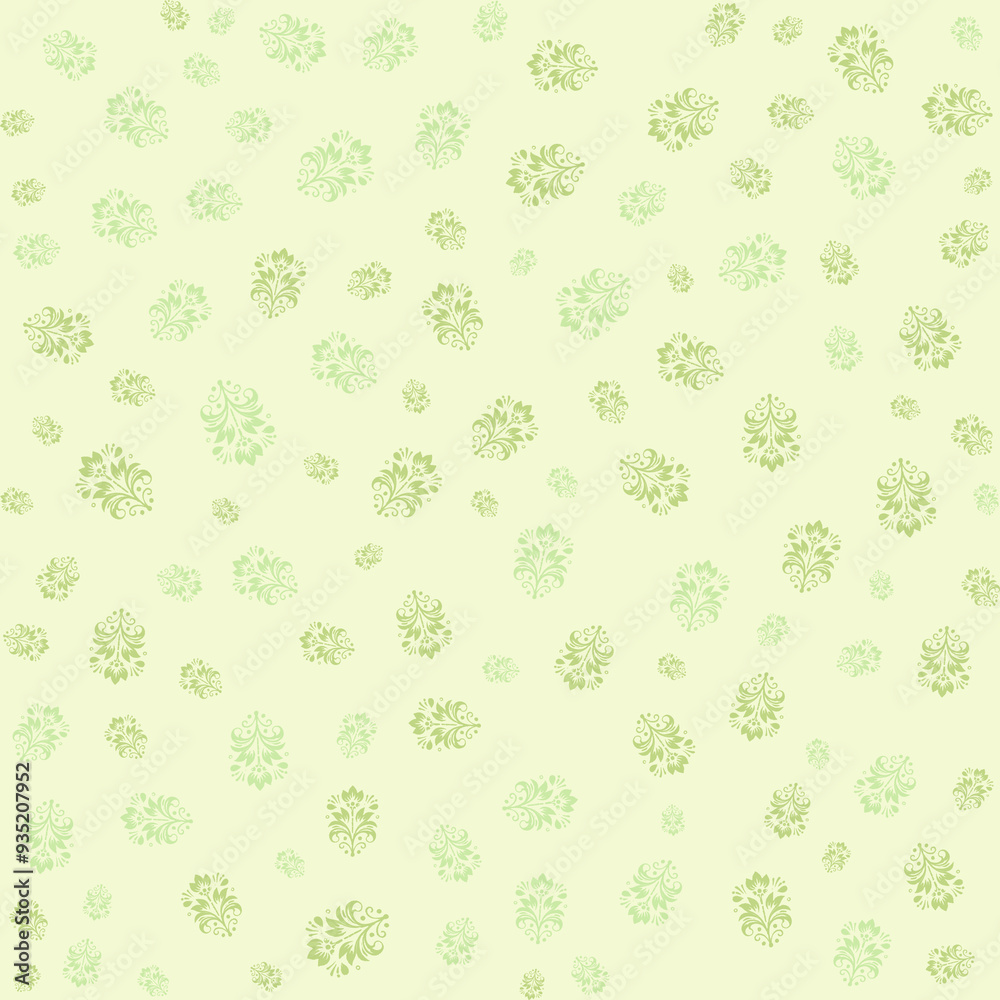 Seamless pattern of green floral designs on a light green background. Seamless pattern of green floral designs on a light green background.