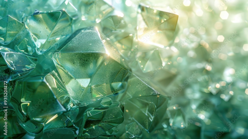 Obraz premium Fragmented prism glass design, pale green backdrop, irregular pieces and refracted light, modern and vibrant.
