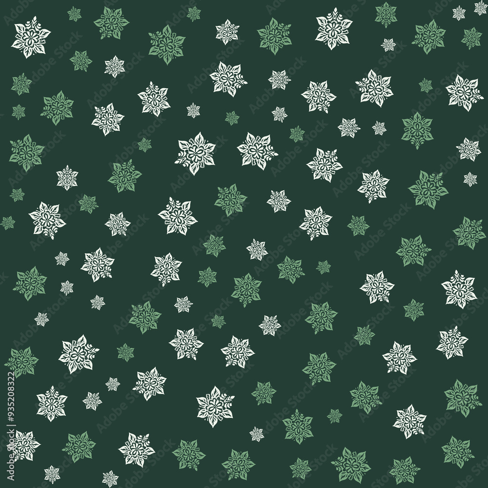 Seamless pattern of green floral designs on a dark green background. Seamless pattern of green floral designs on a dark green background.