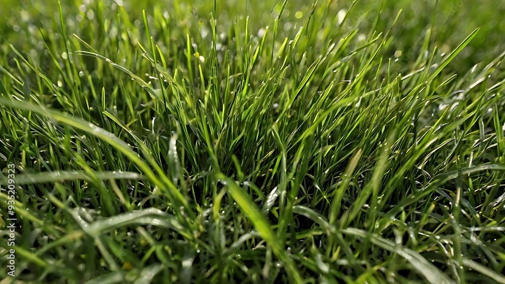 Green fresh close-up view of wet grass with drops of water on it, freshness and sunlight reflection, heat and humidity fresh vibe Green fresh close-up view of wet grass with drops of water on it, freshness and sunlight reflection, heat and humidity fresh vibe
