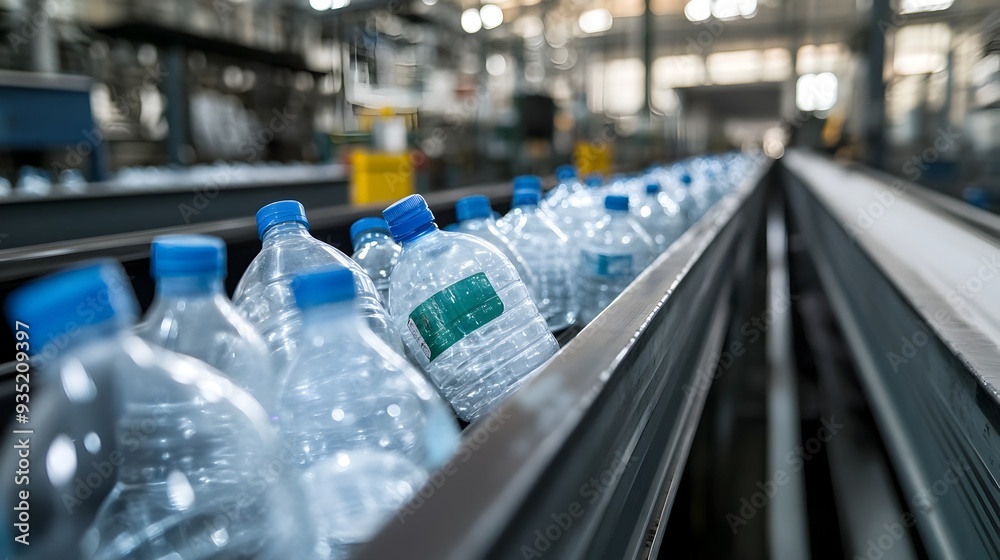 Plastic bottles being sorted and moved along a conveyor belt in a recycling facility showcasing the industrial process of waste management and sustainability efforts Plastic bottles being sorted and moved along a conveyor belt in a recycling facility showcasing the industrial process of waste management and sustainability efforts