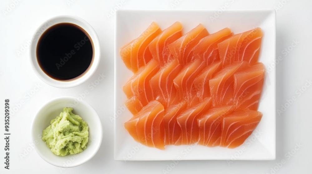 Salmon sashimi on a white plate with soy sauce and wasabi. Salmon sashimi on a white plate with soy sauce and wasabi.