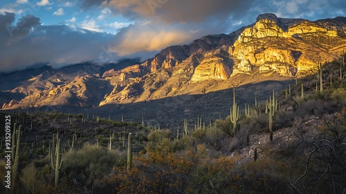 Gold light on the santa catalina mountain and saguaro forest in sabino canyon photo