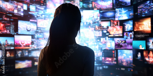 Woman Immersed in a Sea of Digital Screens