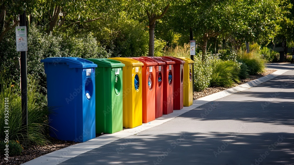 A row of color coded recycling bins placed in a community setting with clear signage indicating the different materials each bin is designated for A row of color coded recycling bins placed in a community setting with clear signage indicating the different materials each bin is designated for