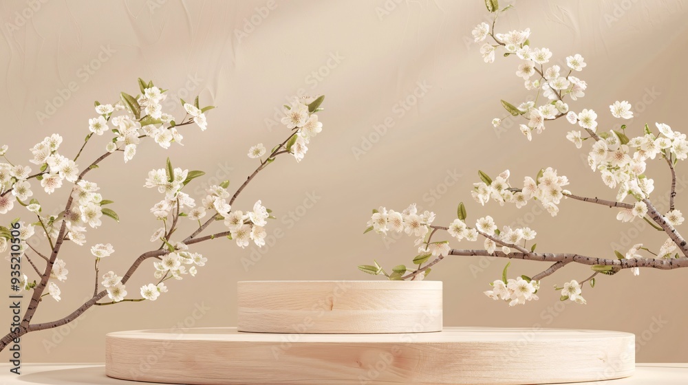 1. Geometric empty podium wooden platform stand set against a pastel beige background, accompanied by a spring flowering tree branch adorned with delicate white flowers. The scene is designed for