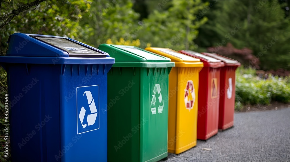 Colorful Recycling Bins Arranged in a Community Area with Signage to Indicate Proper Waste Sorting and Disposal for Sustainable Environmental Practices Colorful Recycling Bins Arranged in a Community Area with Signage to Indicate Proper Waste Sorting and Disposal for Sustainable Environmental Practices