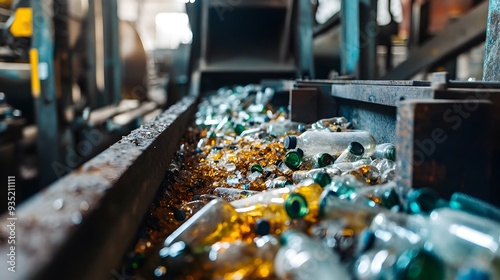 Glass bottles being fed into a crusher with shards of glass being collected for reuse and recycling in an industrial recycling and processing facility  The crushed glass known as cullet photo