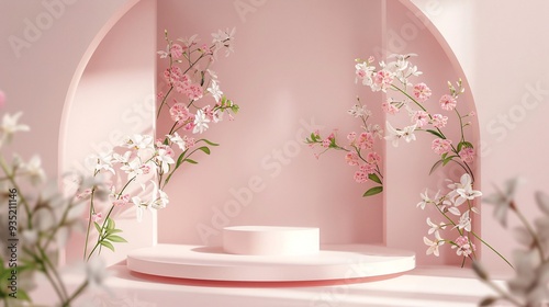 3. A beautifully crafted 3D podium on a soft pastel light pink background, featuring elegant flowers and leafy plants. The setup offers a refined and natural atmosphere, ideal for presenting high-end