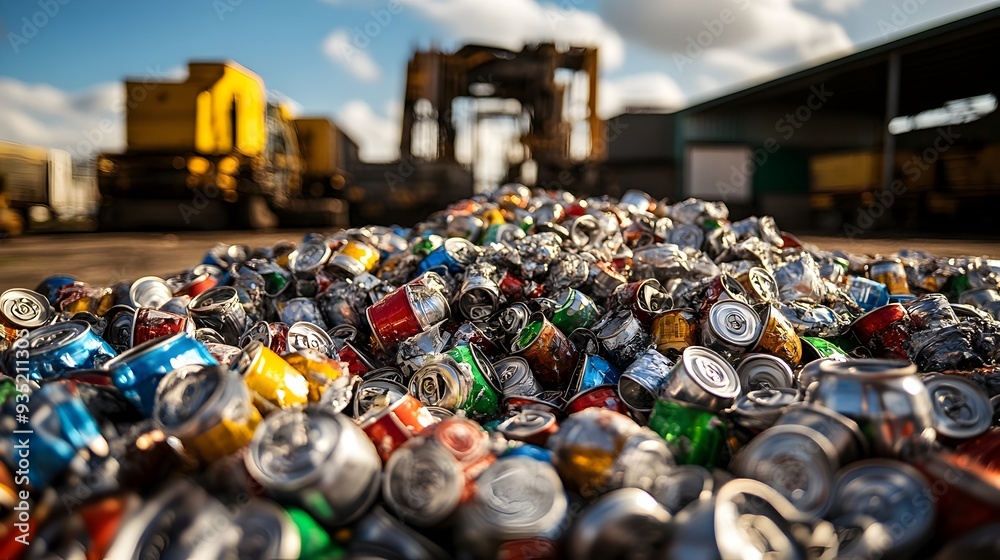 Crushed aluminum cans stacked and ready for the recycling process with machinery visible in the background The image showcases the sustainable practice of resource recovery and waste reduction Crushed aluminum cans stacked and ready for the recycling process with machinery visible in the background The image showcases the sustainable practice of resource recovery and waste reduction
