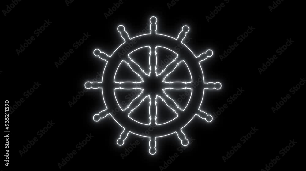 A marine steering wheel made of glowing white neon lines. Animation of the appearance on a black background. 4K A marine steering wheel made of glowing white neon lines. Animation of the appearance on a black background. 4K