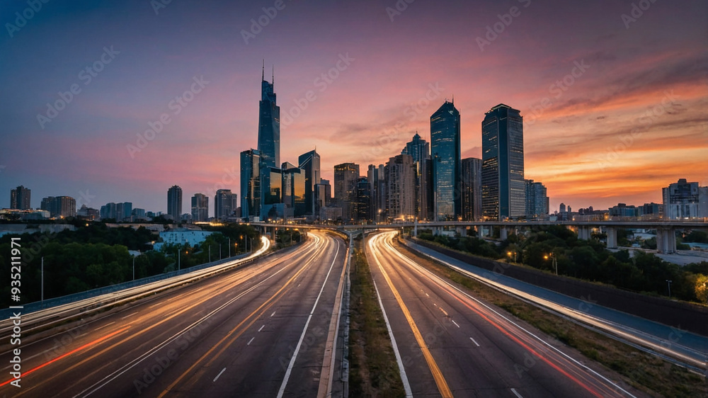 Empty highway leading to a city skyline with modern skyscrapers during sunset on a clear evening. Empty highway leading to a city skyline with modern skyscrapers during sunset on a clear evening.