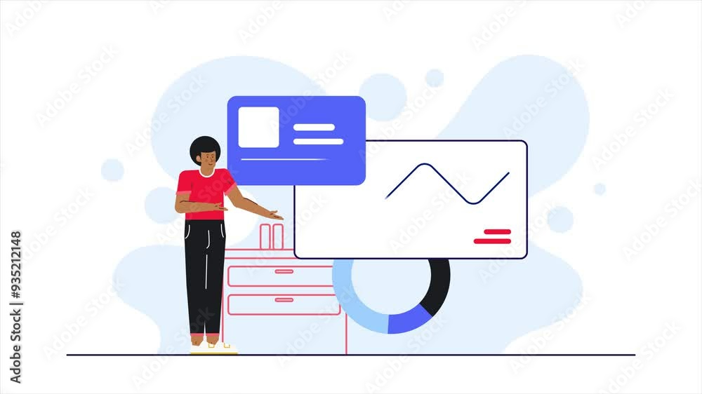 a man showing graphs and digital information in a modern workspaceillustration business animated video a man showing graphs and digital information in a modern workspaceillustration business animated video