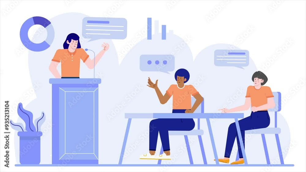 dynamic learning environment with a person speaking on podium engage with audiences illustration business animated video dynamic learning environment with a person speaking on podium engage with audiences illustration business animated video