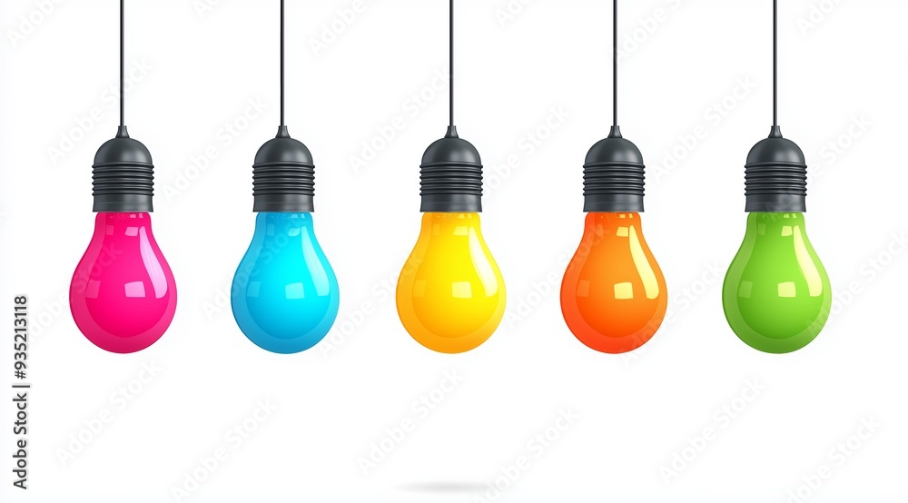 A row of colorful light bulbs hanging from a wire. The bulbs are of different colors, including pink, yellow, green, and orange. Concept of creativity and inspiration A row of colorful light bulbs hanging from a wire. The bulbs are of different colors, including pink, yellow, green, and orange. Concept of creativity and inspiration