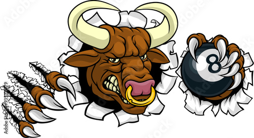 A bull or Minotaur monster longhorn cow angry mean pool mascot cartoon character.