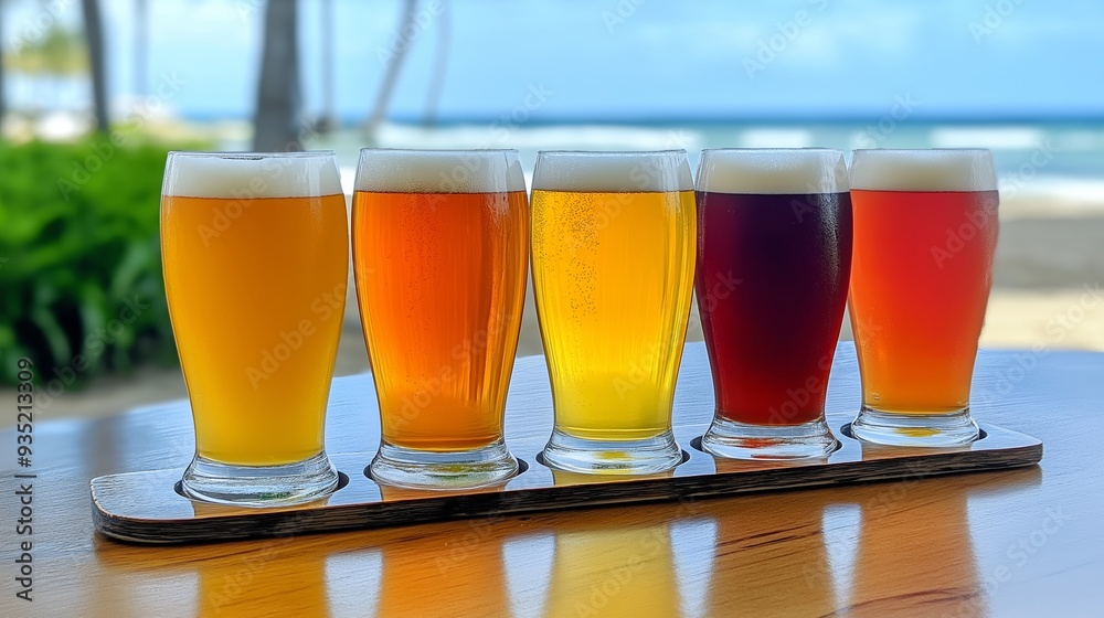 A table with five different colored glasses of beer on it. The glasses are arranged in a row, with the lightest beer on the left and the darkest on the right. The table is set on a wooden surface A table with five different colored glasses of beer on it. The glasses are arranged in a row, with the lightest beer on the left and the darkest on the right. The table is set on a wooden surface